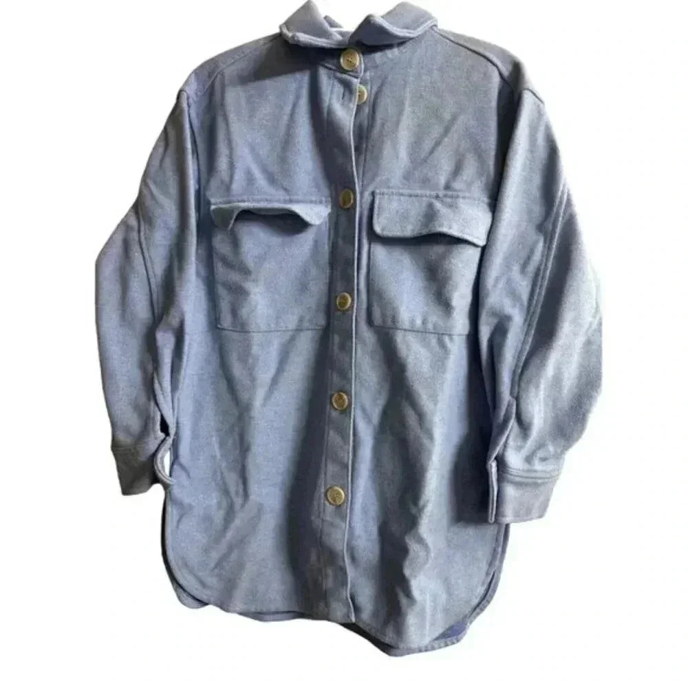 H&M Chambray Button Down Shirt Size XS Blue Oversized Shacket Casual Minimal - Picture 6 of 14